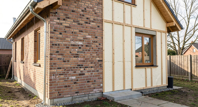 Eine halb gedaemmte Hausfassade zeigt den Unterschied zwischen Mauerwerk und gedaemmtem Teil