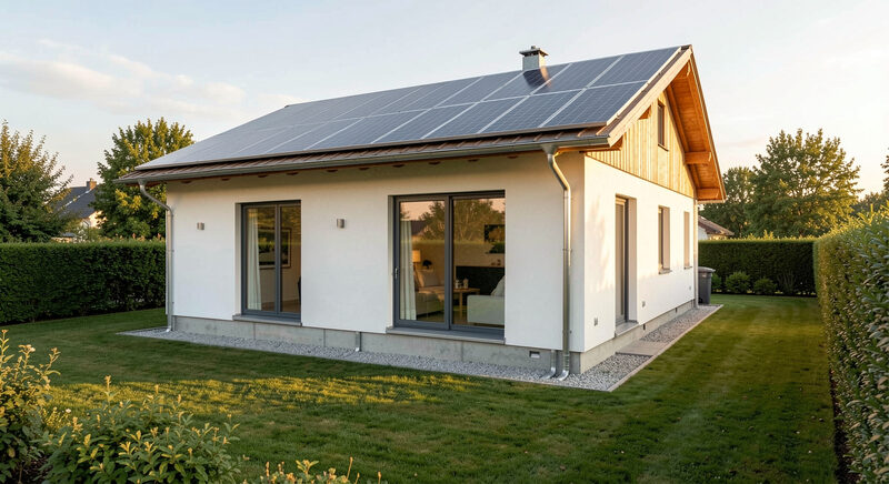 Ein modernes Niedrigenergiehaus mit breitem Solardach und Garten im Abendlicht