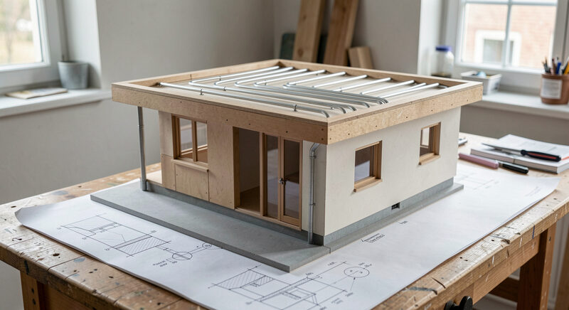 Ein Architekturmodell eines Passivhauses mit sichtbaren Rohrschleifen auf einem Zeichentisch