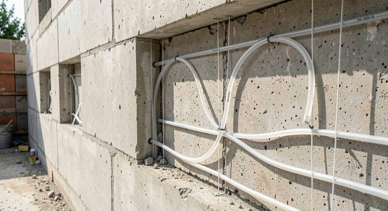 Nahaufnahme einer Betonwand im Bau mit duennen Rohrschleifen in der Schalung vor dem Giessen