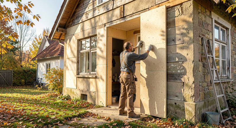 Ein Handwerker bringt an einem Altbau eine Daemmplatte an der Aussenwand an, heller Herbsttag